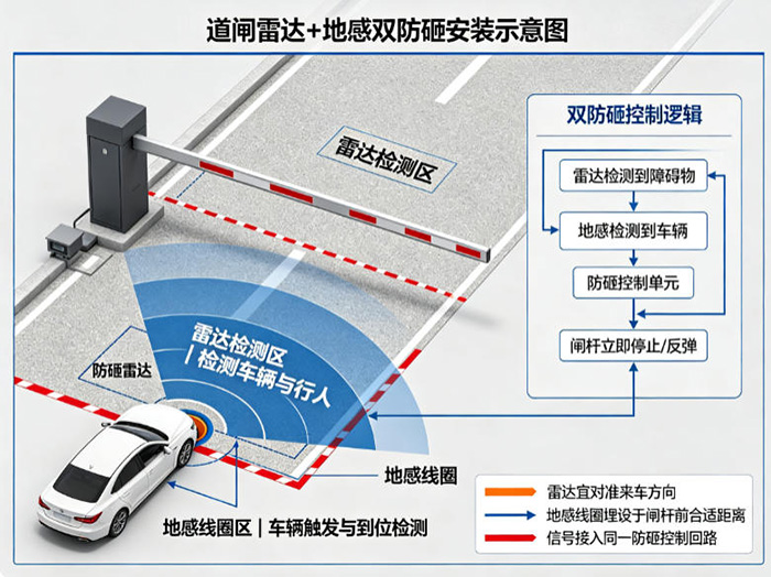 洛阳停车场道闸雷达+地感双防砸安装示意图